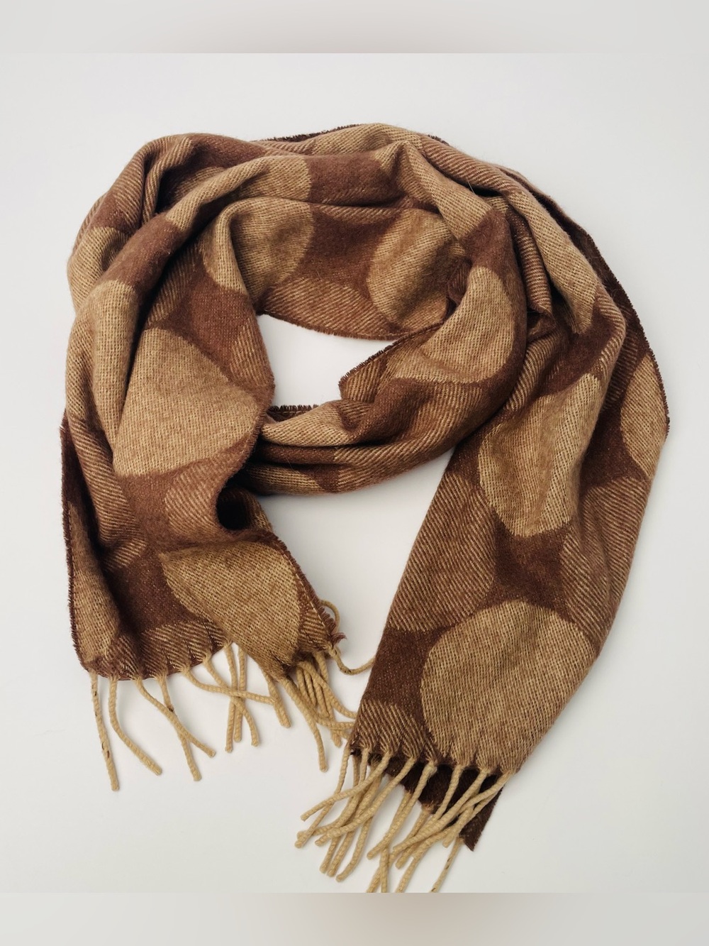 Charming Charlie 100% Cashmere Scarf Reversible Polka Dot Fringe Brown Tan 62"